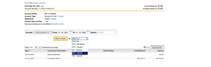Step 4: Click on the drop-down arrow next to the export option. Then click on the third option, “QIF - Quicken”
